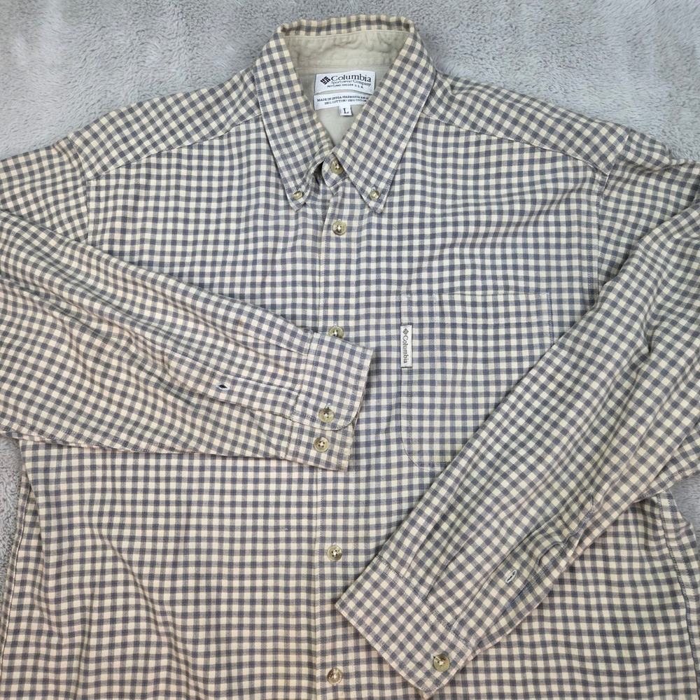 Columbia Button Down Shirt Mens L Gingham Plaid Long Sleeve Cotton Tan Blue Grey